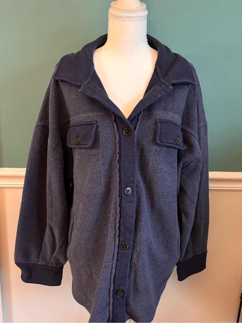 Free People Ruby Jacket Blue Fleece Shacket Elbow Patch Oversized Small